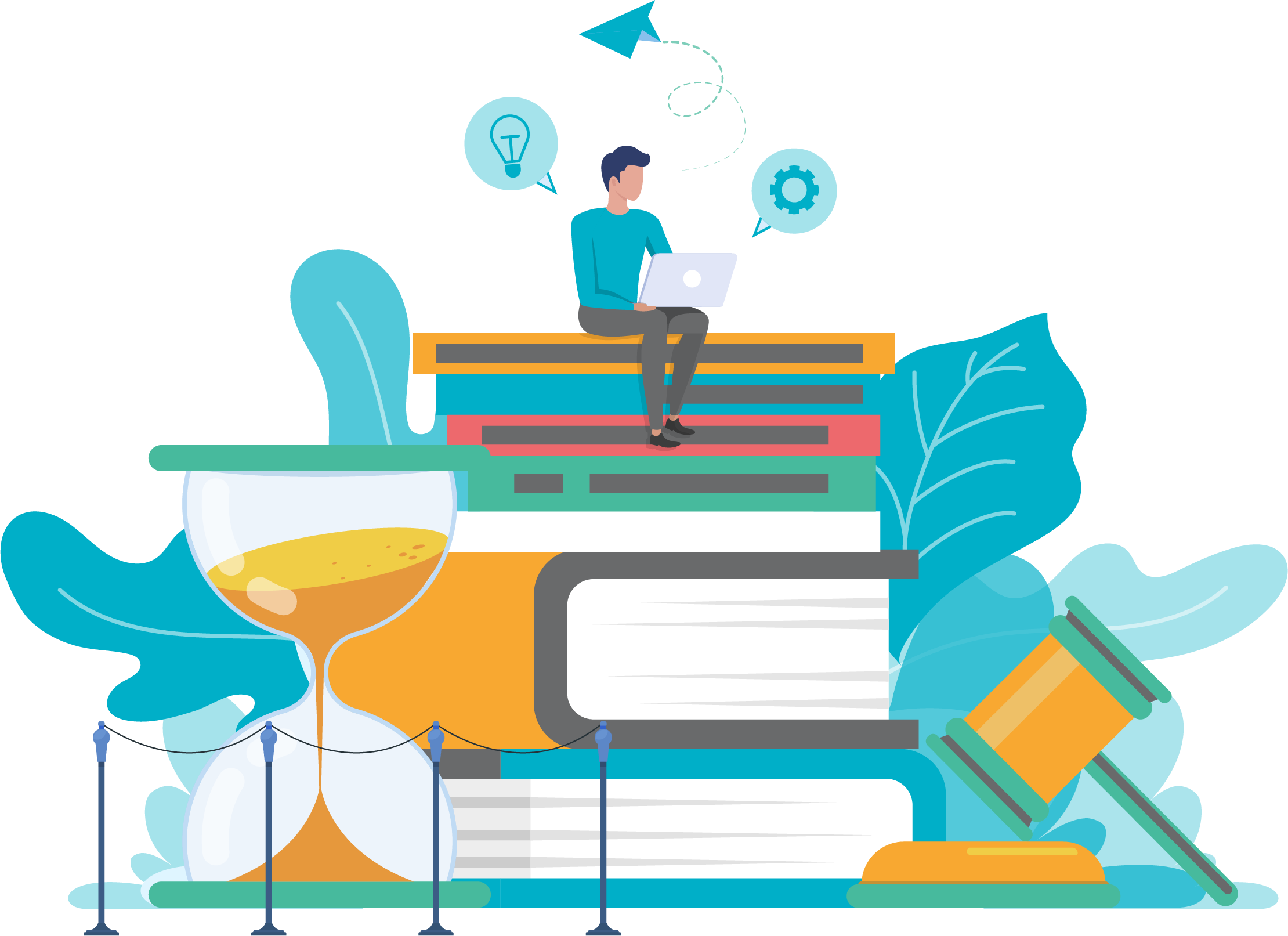 Illustration d'un personnage assis sur une pile de livres avec un sablier, une marteau de justice, des idées et des rouages techniques qui flottent dans le visuel pour représenter les outils, services et conseils de l'AISMT13 à disposition des représentants du personnel