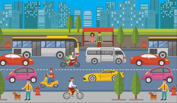 Webinaire risque routier professionnel Miniature Route avec différents types de véhicules et des piétons