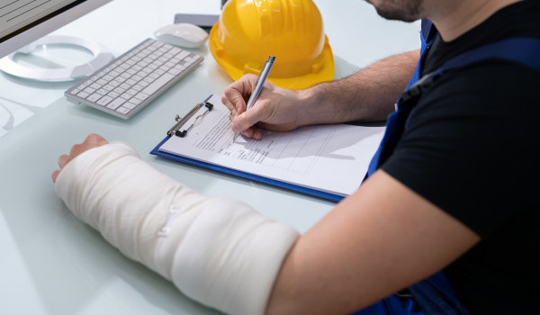 Ouvrier avec un bras dans le plâtre ayant eu un accident de travail