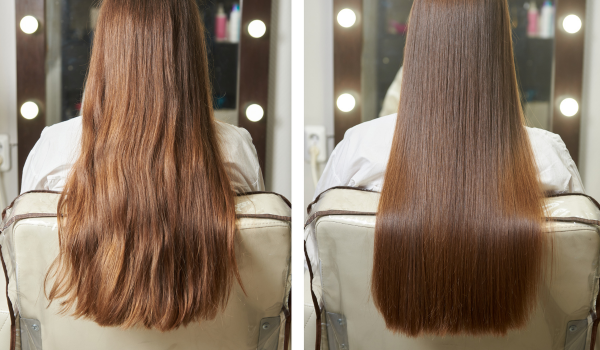 Photo avant/après des cheveux d'une femme pour illustrer le lissage brésilien